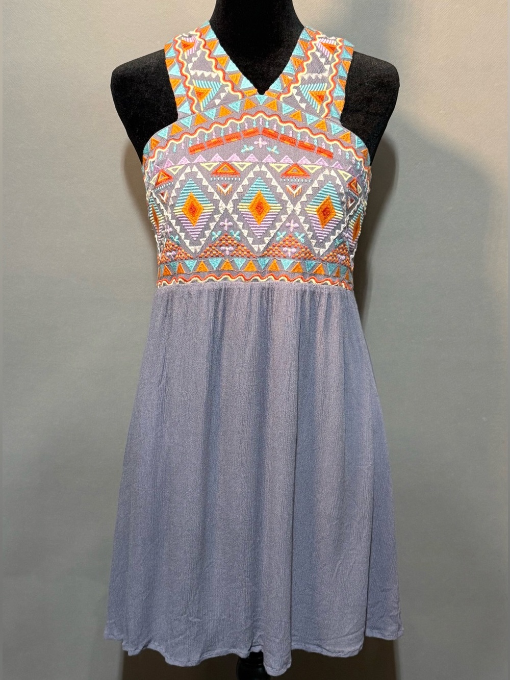 ANDREE BY UNIT Steel Grey Mini Dress with Multicolor Embroidered Bodice